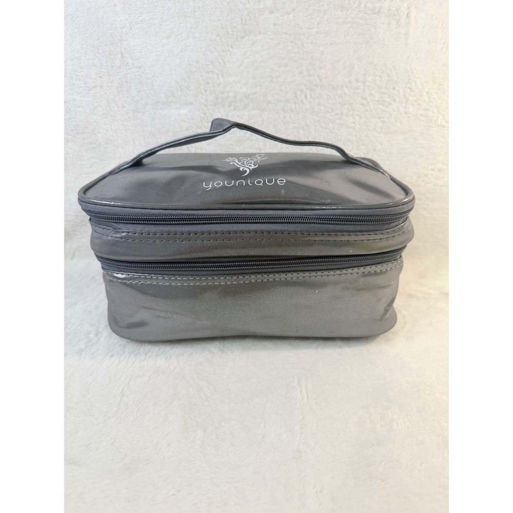 Younique Makeup Bag Metallic Gray Double Layer Travel Cosmetic Organizer Case